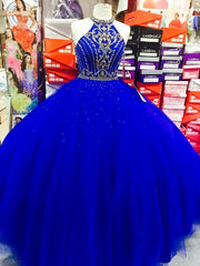 Royal Blue Halter Tulle Quinceanera Dresses, Elegant Ball Gown Prom Dresses, Sweet 16 Prom Dress