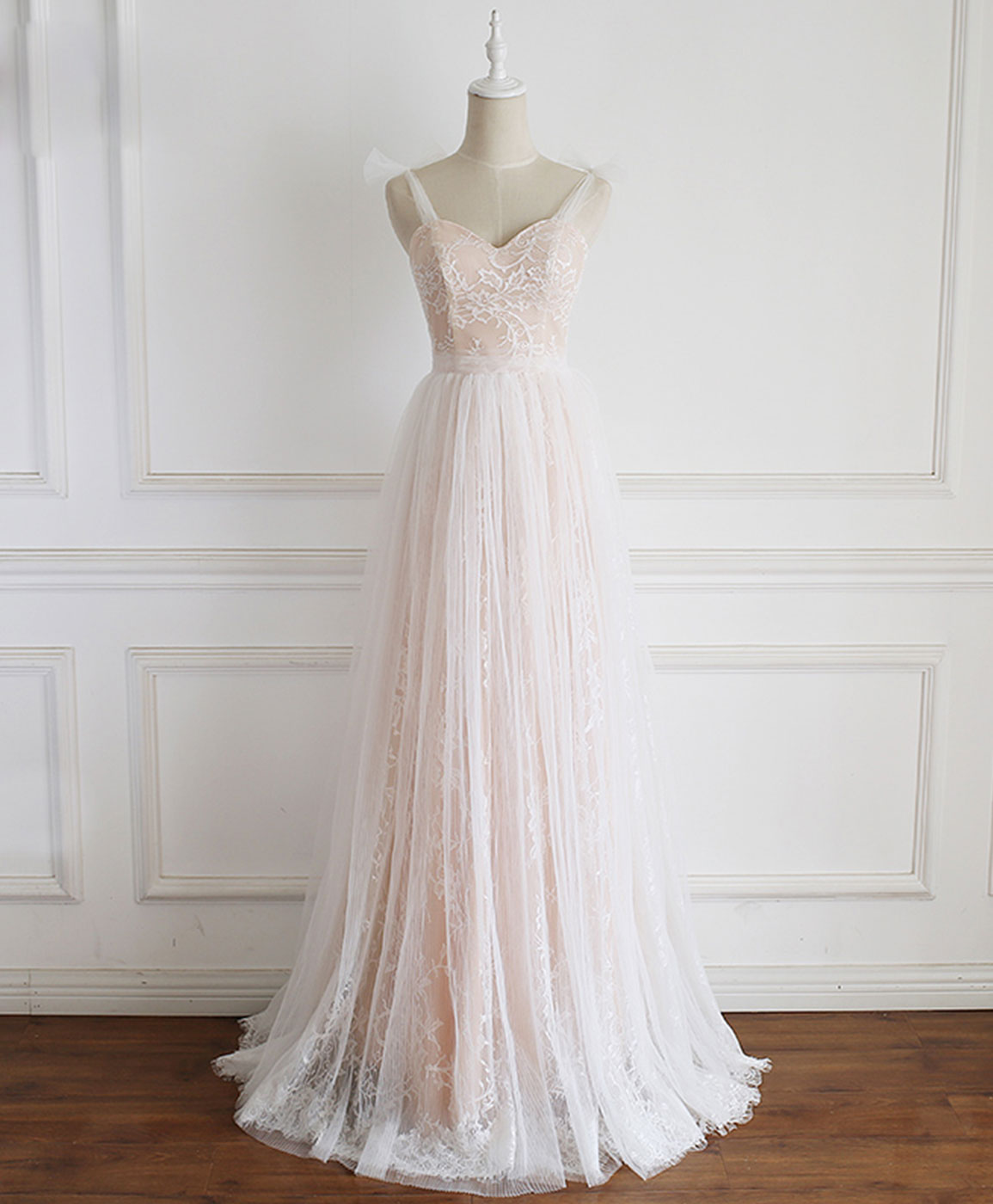 Champagne Sweetheart Tulle Lace Long Prom Dress Lace Evening Dress