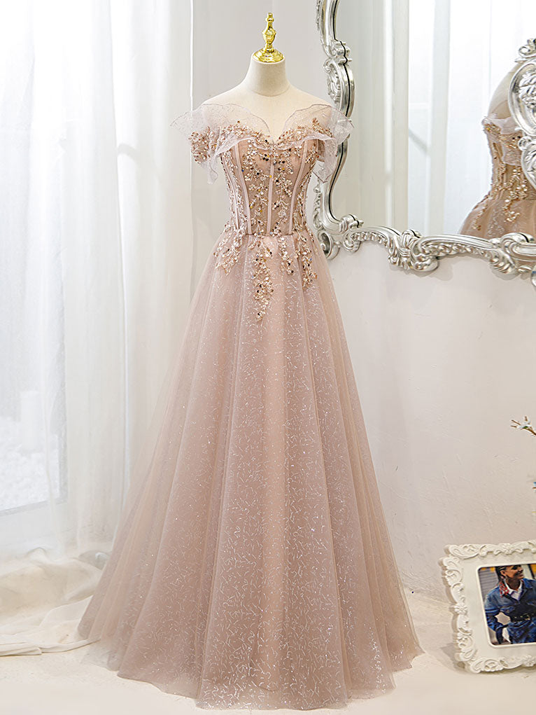 Champagne Tulle Lace A line Long Prom Dress, Lace Champagne Evening Dress