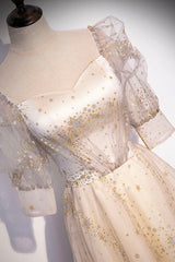 Champagne Tulle Sequins Long Prom Dress, Cute 1/2 Sleeve Party Dress