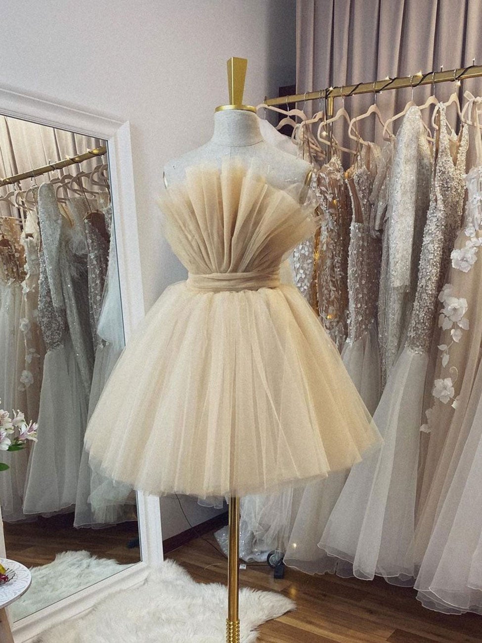 Champagne tulle short prom dress, champagne tulle homecoming dress