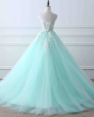Charming Mint Green Tulle Ball Gown Sweet 16 Dress, Lace Applique Prom Dress