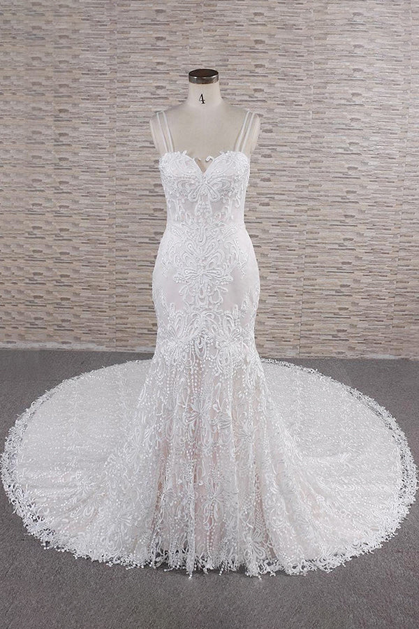 Chic Long Mermaid Sweetheart Spaghetti Strap Appliques Lace Wedding Dress