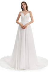 Chiffon Lace Spaghetti Straps Beading Wedding Dresses