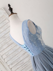 Cute Blue V Neck Tulle Lace Applique Short Prom Dress, Blue Homecoming Dress