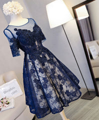 Cute Dark Blue Lace Short Prom Dress, Blue Homecoming Dress