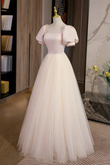 Cute Satin Tulle Long Prom Dress, A-Line Short Sleeve Evening Dress