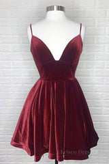 Cute V Neck Backless Burgundy Velvet Short Prom Homecoming Dress, Backless Maroon Formal Graduation Evening Dress