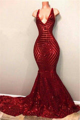 Rote Pailletten glänzende V-Ausschnitt Mermaid Long Prom Kleider