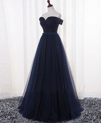 Dark Blue A Line Tulle Long Prom Dress, Evening Dress