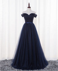 Dark Blue A Line Tulle Long Prom Dress, Evening Dress