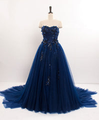 Dark Blue Sweetheart Tulle Lace Long Prom Dress Blue Tulle Evening Dress