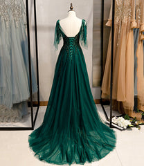 Dark Green Beaded Tulle Straps A-line Formal Dresses, Green Evening Dress Prom Dresses