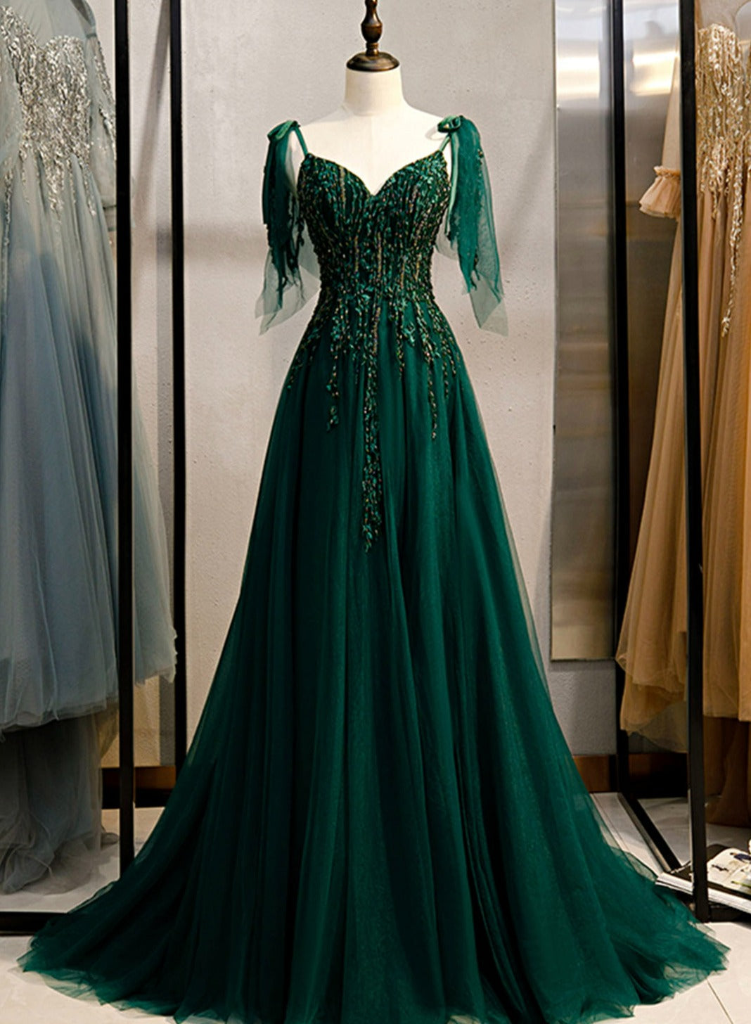 Dark Green Beaded Tulle Straps A-line Formal Dresses, Green Evening Dress Prom Dresses