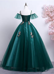 Dark Green Off Shoulder Tulle Party Dress with Lace, Green Formal Dress Prom Dress