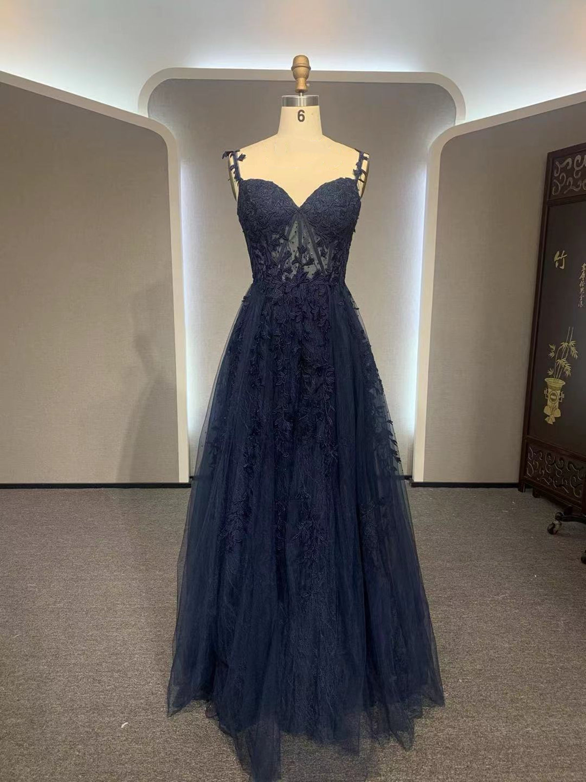 Dark Navy Blue Long Lace Prom Dresses, Dark Navy Blue Long Lace Formal Evening Dresses