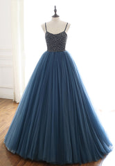 Blue Tulle Long Prom Dresses, A-Line Evening Dresses with Beading