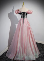 Elegant A-line Pink Off Shoulder Long Evening Dress, Pink with Black Lace Long Prom Dress