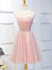 Elegant Short Pink Tulle Prom Dresses, Short Pink Tulle Formal Homecoming Dresses