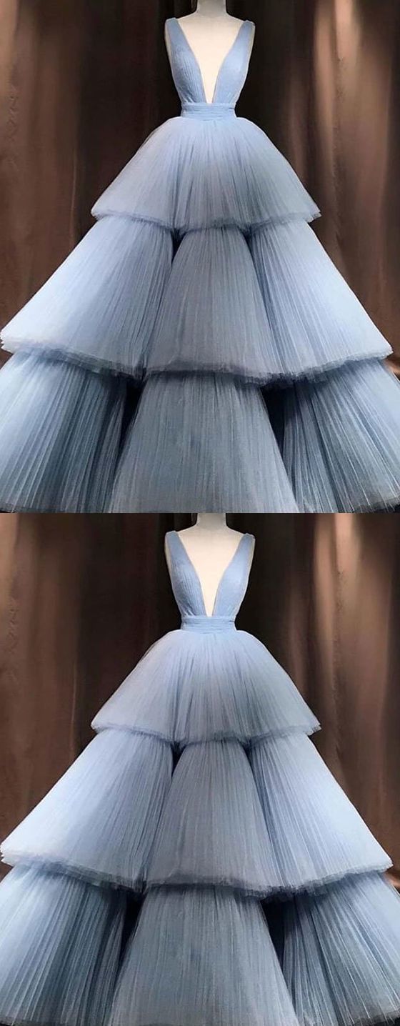 Blue V Neck Tulle Long Prom Dress, Blue Tulle Evening Dress