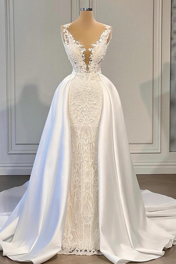 Gorgeous Long Mermaid V-neck Lace Wedding Dresses with Satin Detachable Train