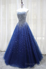 Gorgeous Strapless Blue Tulle Beaded Long Prom Dresses, Beaded Blue Formal Evening Dresses, Beaded Ball Gown