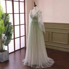 Gradient Tulle Green Beaded Long Sleeves Party Dress, Green Formal Dress