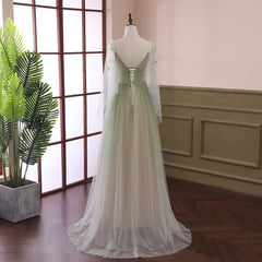 Gradient Tulle Green Beaded Long Sleeves Party Dress, Green Formal Dress