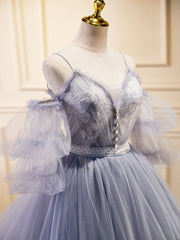 Gray Blue A-Line Tulle Lace Long Prom Dresses, Gray Blue Formal Graduation Dress