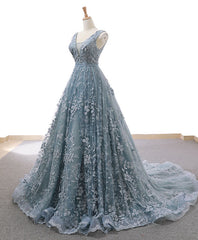 Gray Blue Tulle Lace Long Prom Dress Gray Blue Lace Evening Dress