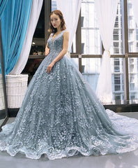 Gray Blue Tulle Lace Long Prom Dress Gray Blue Lace Evening Dress