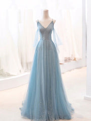 Gray Blue V Neck Tulle Sequin Long Prom Dress, Blue Evening Dress