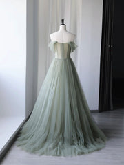 Gray Green Tulle Off Shoulder Long Prom Dress, Gray Green Formal Graduation Dresses