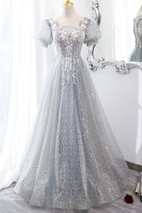 Gray Lace Long A-Line Prom Dress with Sequins, Cute Short Sleeve Evening Dress