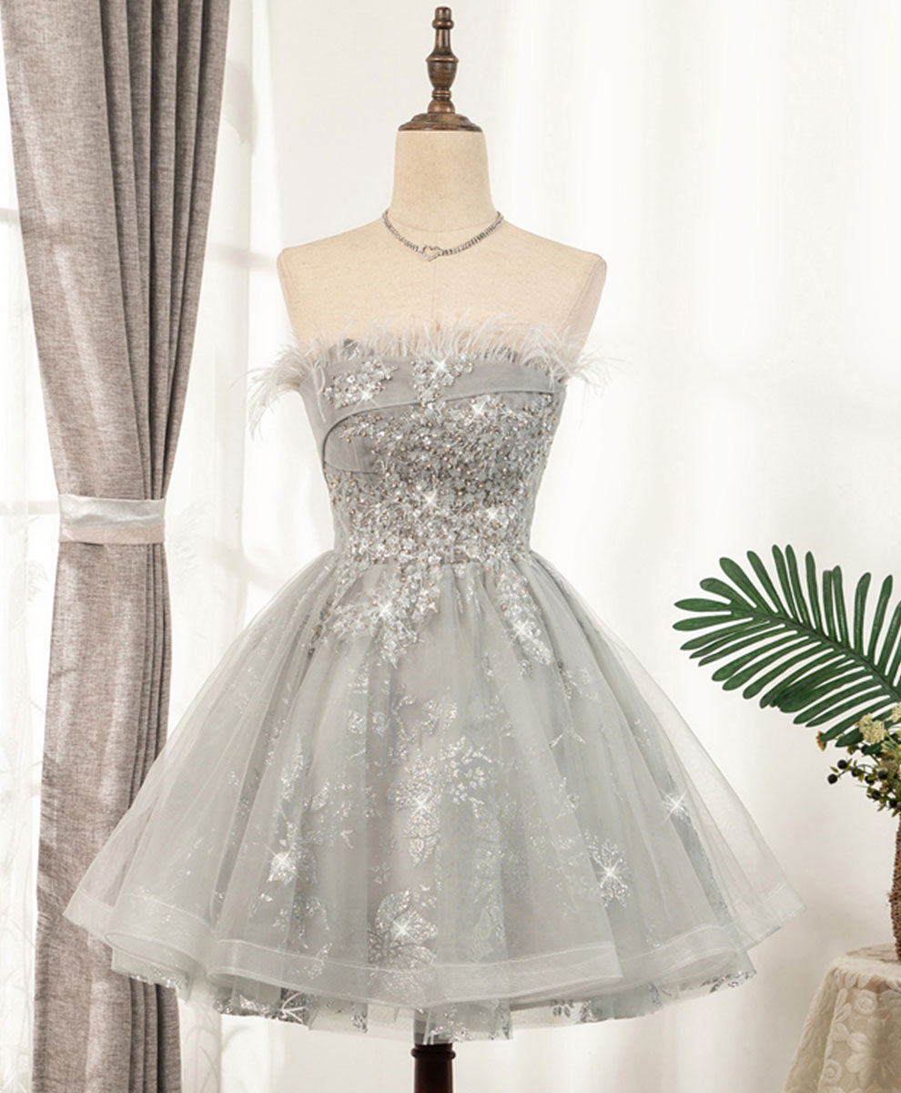 Gray Sweetheart Lace Tulle Short Prom Dress Gray Homecoming Dress