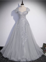 Gray Sweetheart Neck Tulle Lace Long Prom Dress, Gray Evening Dress