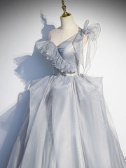 Gray Sweetheart Tulle Long Prom Dress, Gray Evening Dress