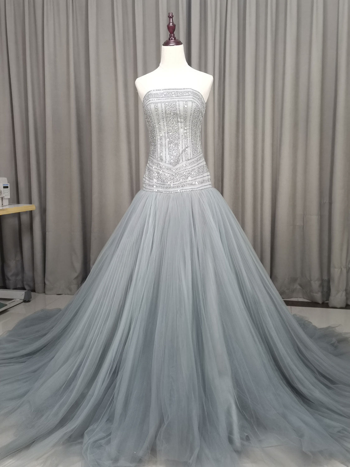 Gray Tulle Beads Long Prom Dress Gray Tulle Formal Evening Graduation Dresses