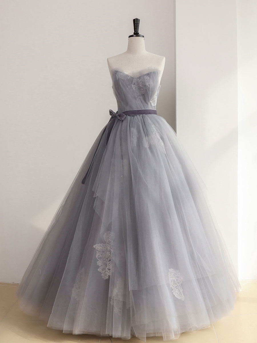 Gray Tulle Lace Long Prom Dress, Gray Ball Gown Formal Dresses