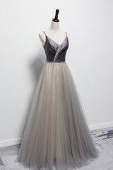 Gray Tulle Long A-Line Prom Dress, V-Neck Spaghetti Straps Evening Dress