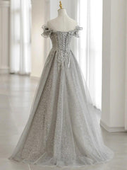 Gray Tulle Sequin Lace Off Shoulder Long Prom Dress, Gray Evening Dress