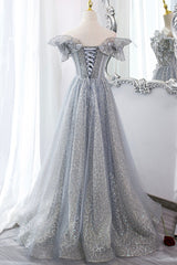 Gray Tulle Sequins Long A-Line Prom Dress, Off the Shoulder Graduation Dress