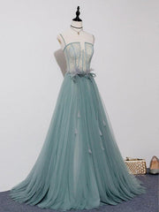 Green A Line Lace Long Prom Dresses, A Line Green Lace Long Formal Evening Dresses