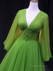 Green A Line Long Prom Dresses, V Neck Green Tulle Long Formal Evening Dresses