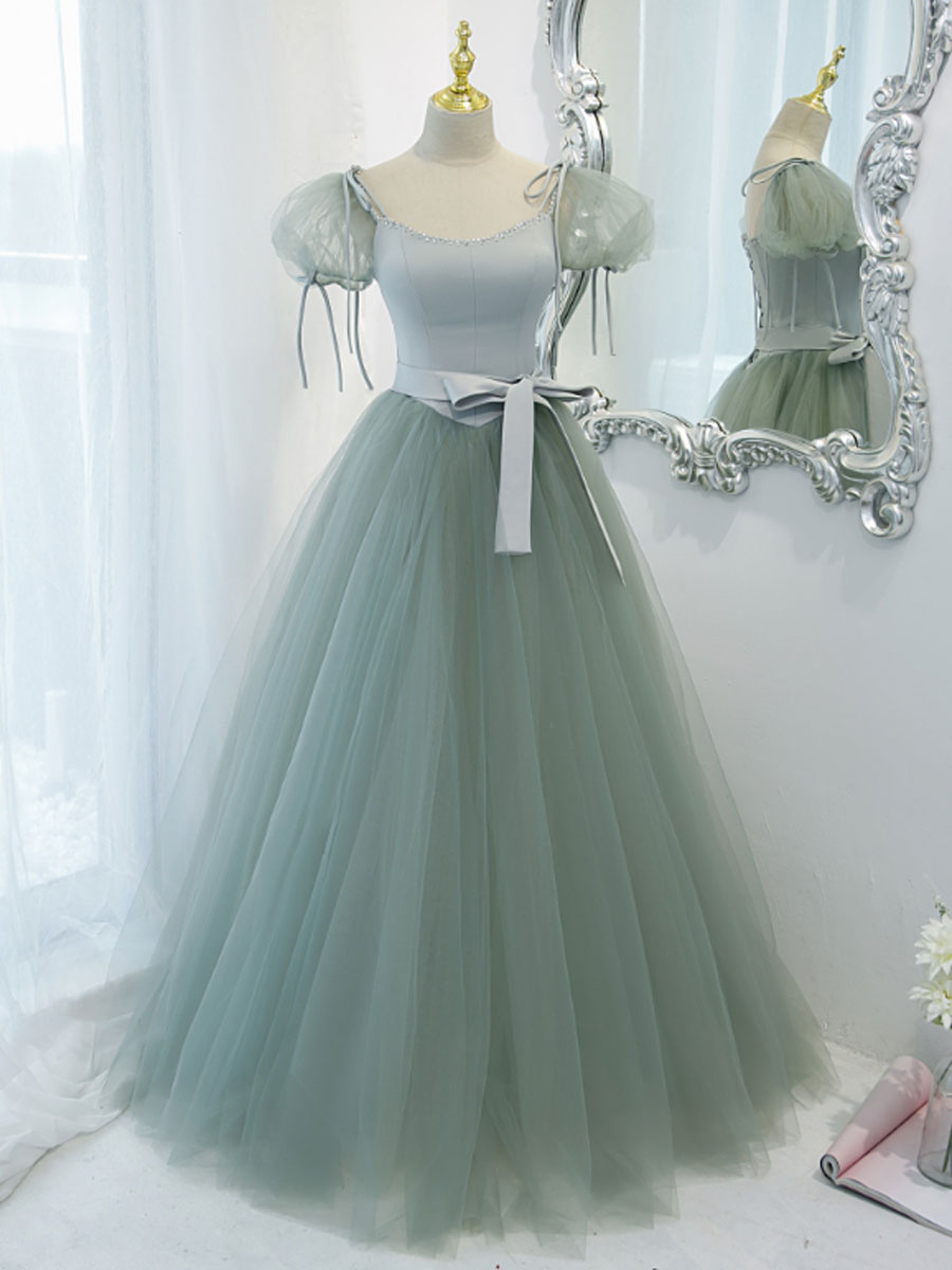 Green Round Neck Tulle Long Prom Dress, Green Evening Dress