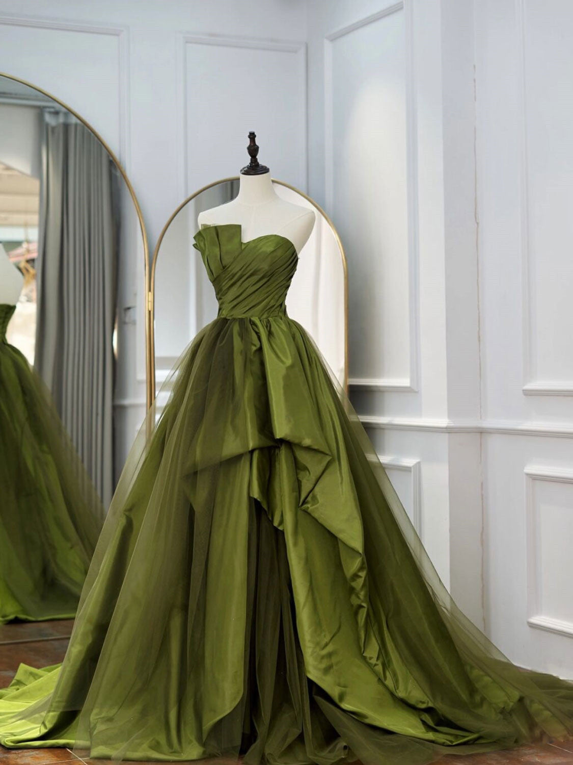 Green Ruffle Tiered Prom Dresses Strapless, Green Long Party Dress