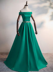 Green Satin A-line Long Off Shoulder Simple Prom Dress, Green Formal Dress Evening Dress