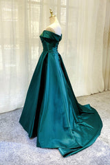 Green Satin Long A-Line Prom Dress, Simple Off the Shoulder Evening Dress