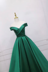 Green Satin Long A-Line Prom Dress, V-Neck Off the Shoulder Evening Dress