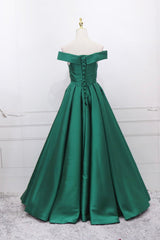 Green Satin Long A-Line Prom Dress, V-Neck Off the Shoulder Evening Dress